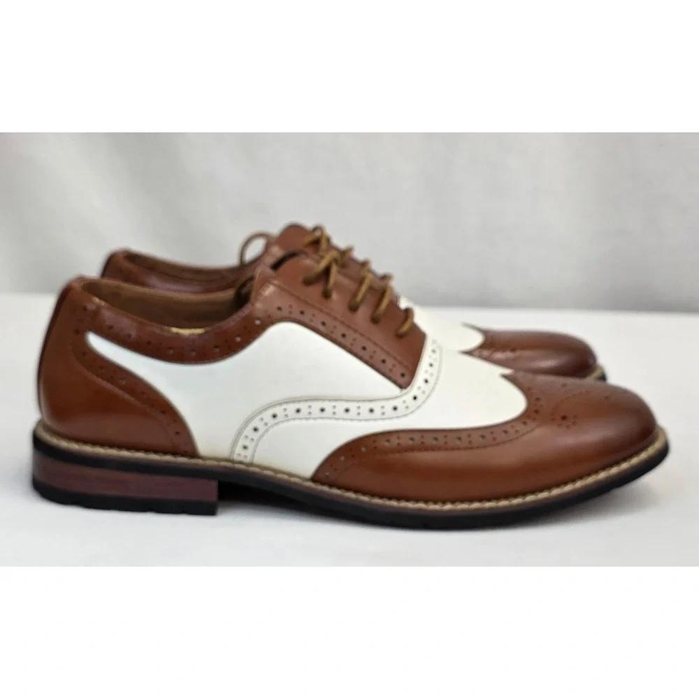 Metro Charm Mens Brown White Spectator Wingtip Oxford Shoes and Belt Set 9.5